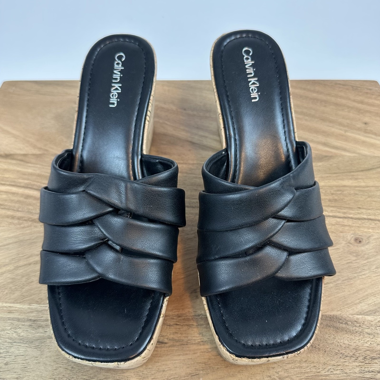 New Womens Calvin Klein Heyla Black Strappy Platform Wedge Sandals Size 10 M